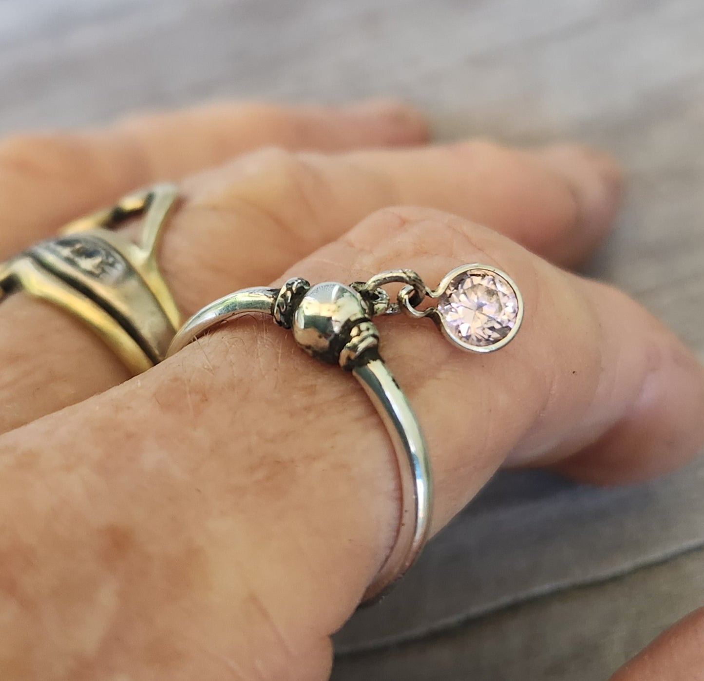 Pink cz dangling ring,925 sterling silver,cz,2mm halo mixed metal ring,thin stacker ring,