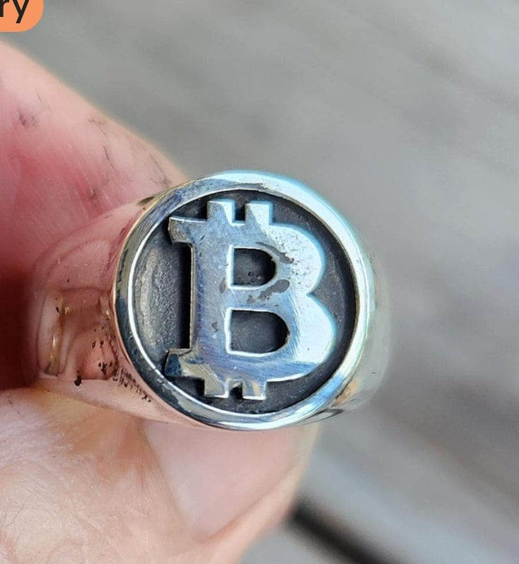Gold and silver Bitcoin ring,9k and 925 sterling silver,two tone solid signet, unisex ring,mixed metal