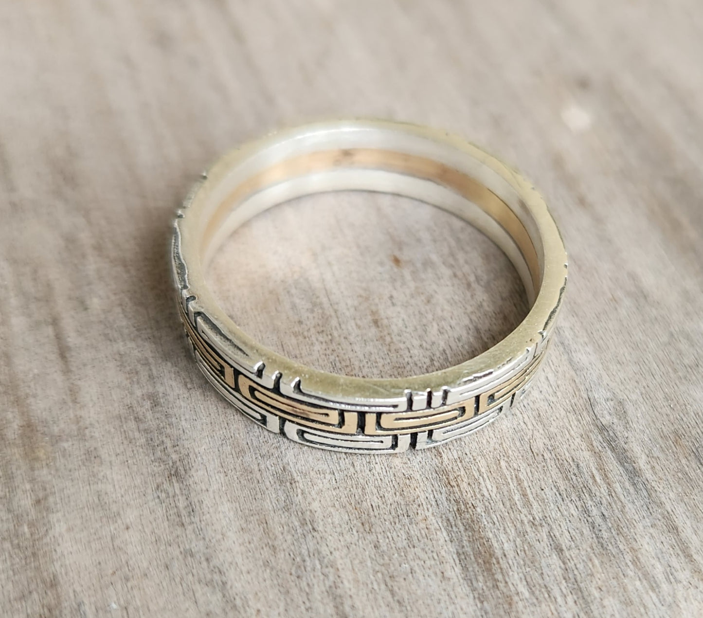 Two tone band,tribal Aztec ring,9k gold and sterling silver,rustic wedding,boho,gypsy,handmade,goddess,designer ring