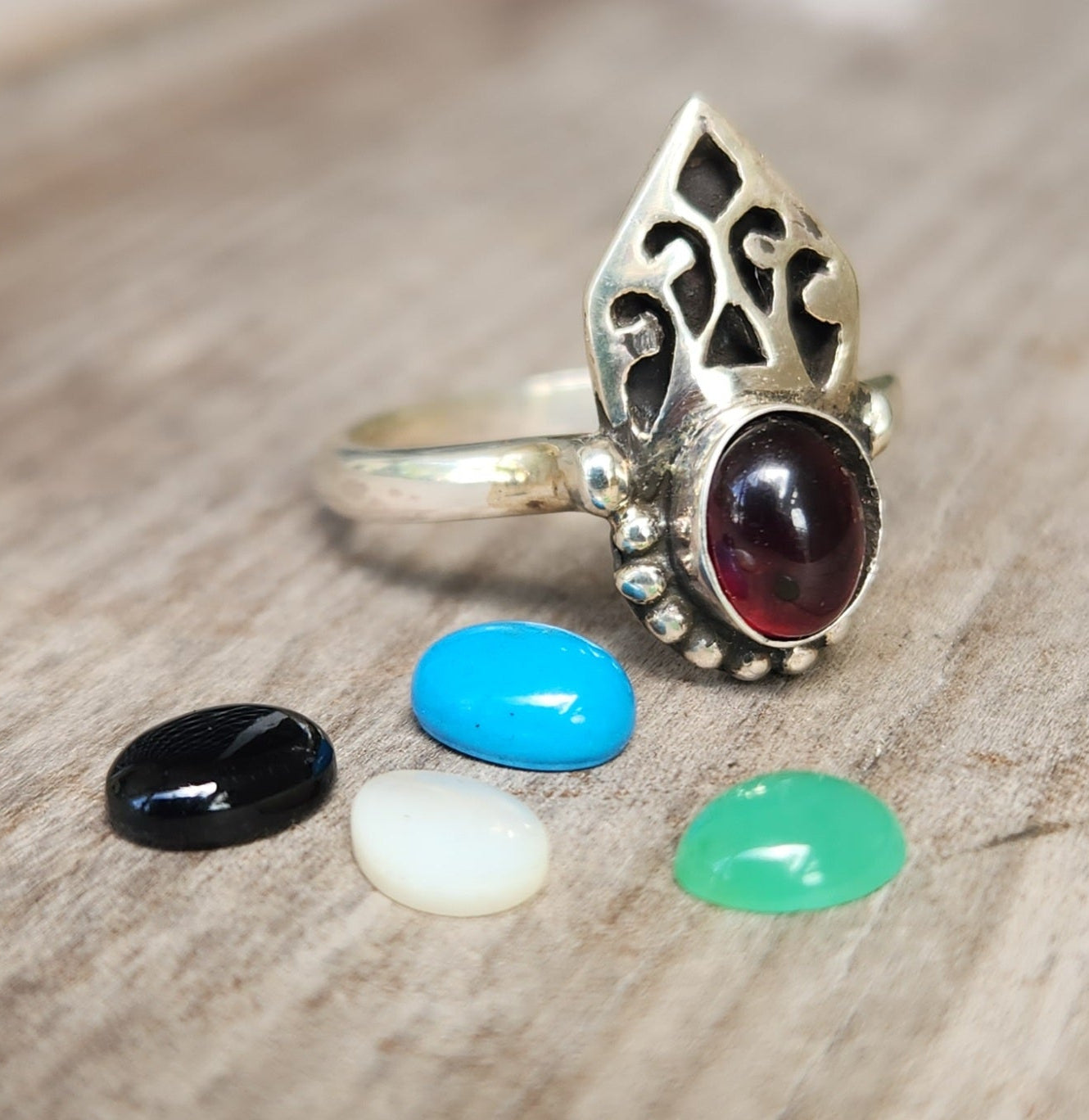Garnet cabachon ring,925 sterling silver handmade,amethyst,turquoise ,mother of pearl