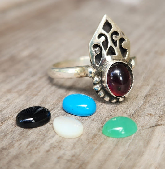 Garnet cabachon ring,925 sterling silver handmade,amethyst,turquoise ,mother of pearl