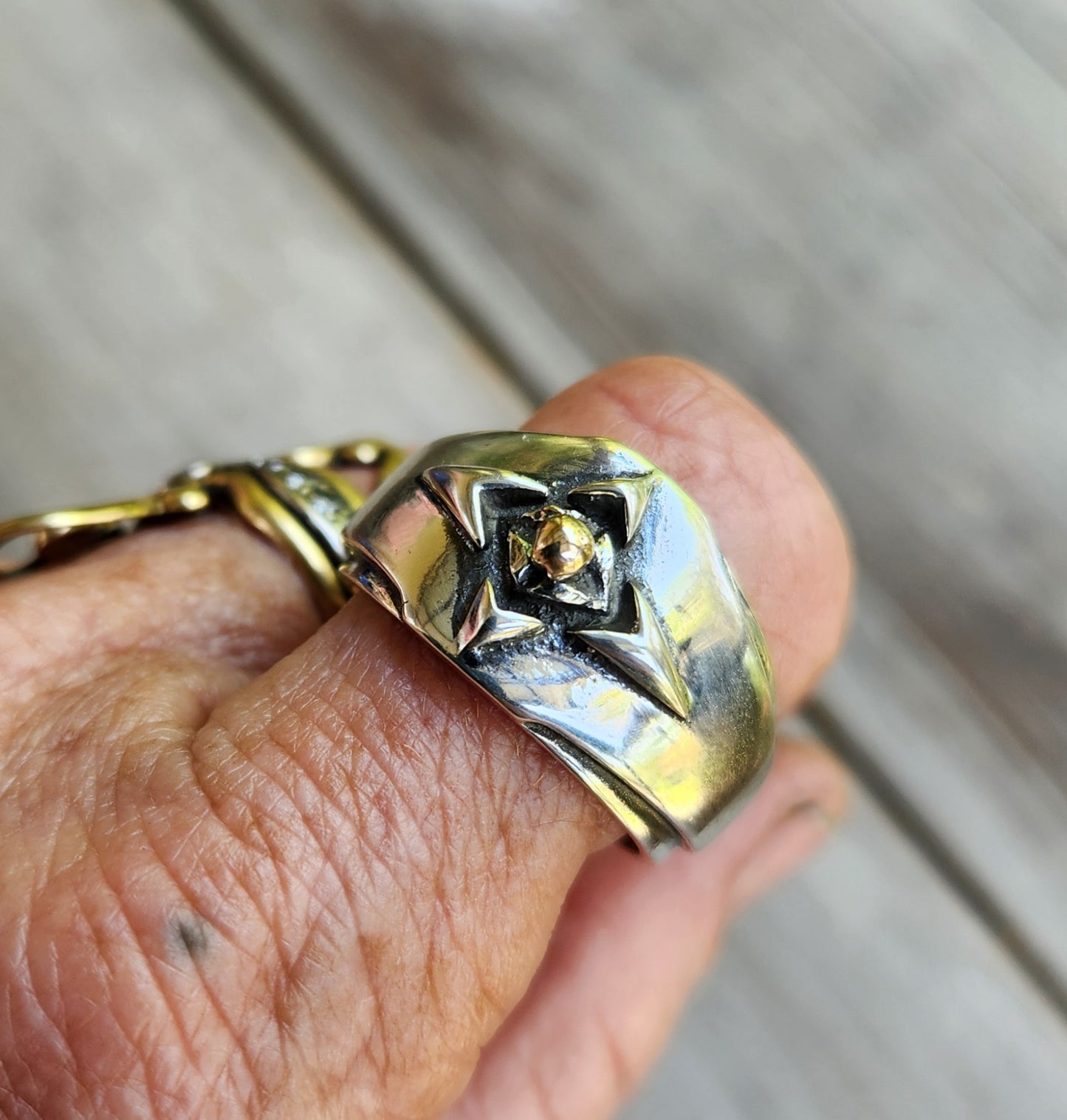 silver tribal band,925 solid sterling silver with a center gold ball ring,ornate mixed metal solid mans ring modern,mixed metal, two tone dress ring,celtic tribal wedding band