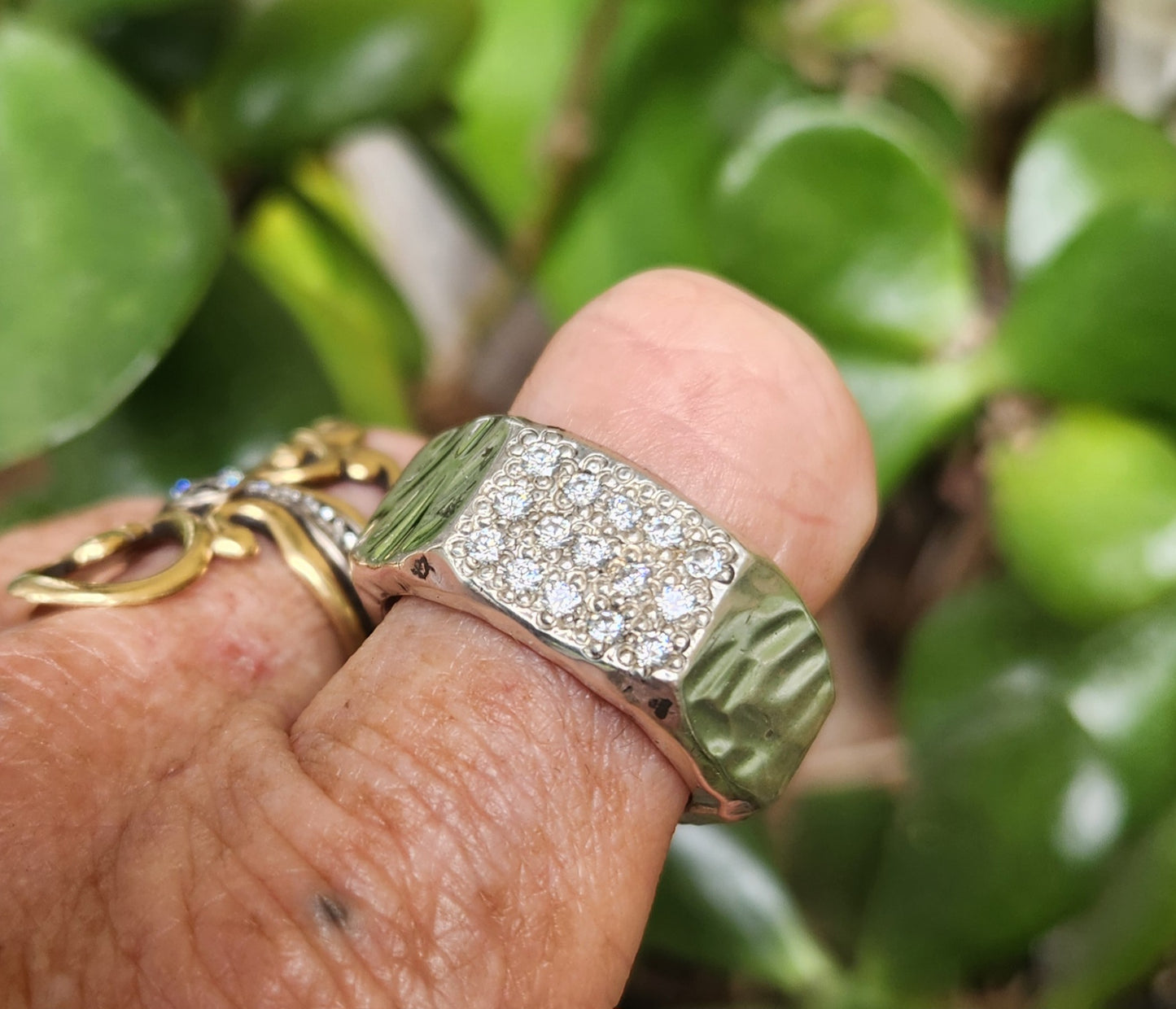 Hexagonal cubic zirconia ring, 925 solid sterling silver,cz top, hammered handmade band,unisex ring, wedding ring,heavy band,industrial,