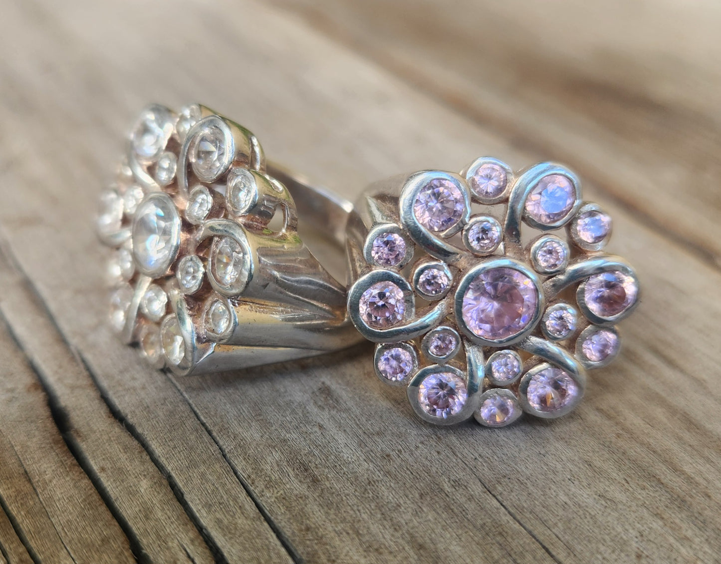 Large Pink cz ring,925 sterling silver,flower multi stone cluster,cubic zirconia,