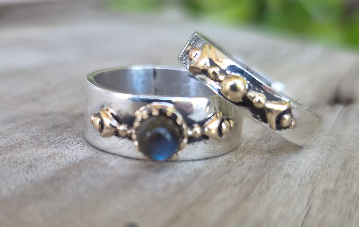 Mixed metal ring,9k gold top 925 sterling silver band, labradorite,moonstone two tone .
