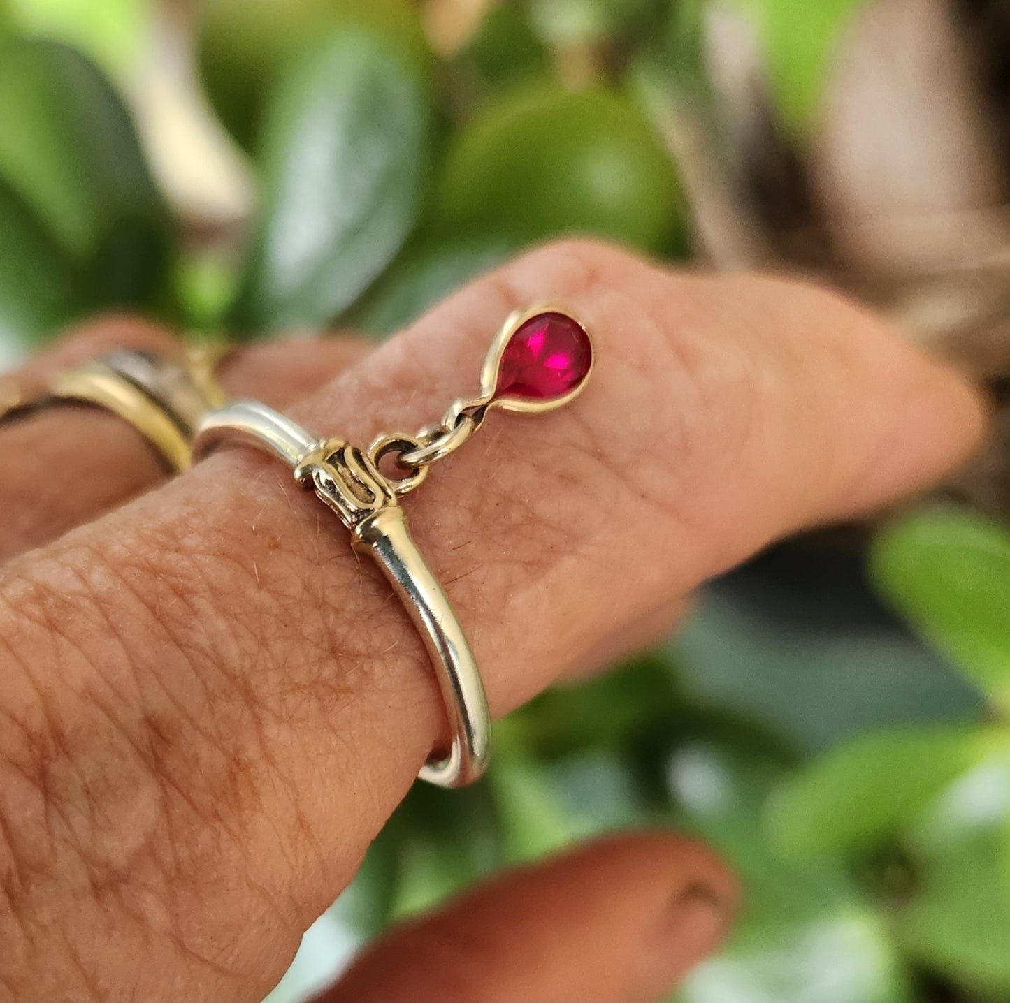 Two tone ring,9ct/9k gold and sterling silver,dangling pear cz in 9k setting  mixed metal ring,thin silver halo ring,