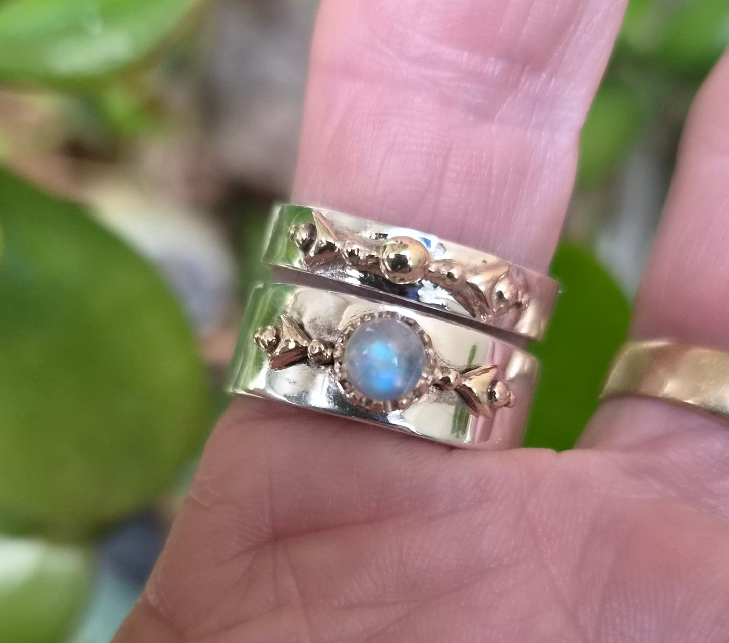 Mixed metal ring,9k gold ball top 925 sterling silver band,gemstone,two tone band
