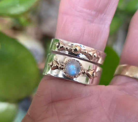 Mixed metal ring,9k gold top 925 sterling silver band, labradorite,moonstone two tone .