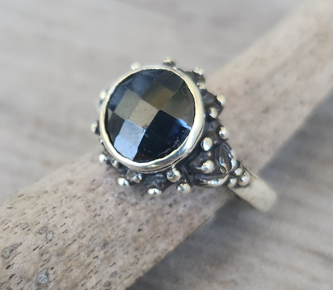 Black cz ball ring,sterling silver,handmade,goddess,boho,solitare,vintage,new age,ball ring,goddess,cubic zirconia,black stone.antique ring
