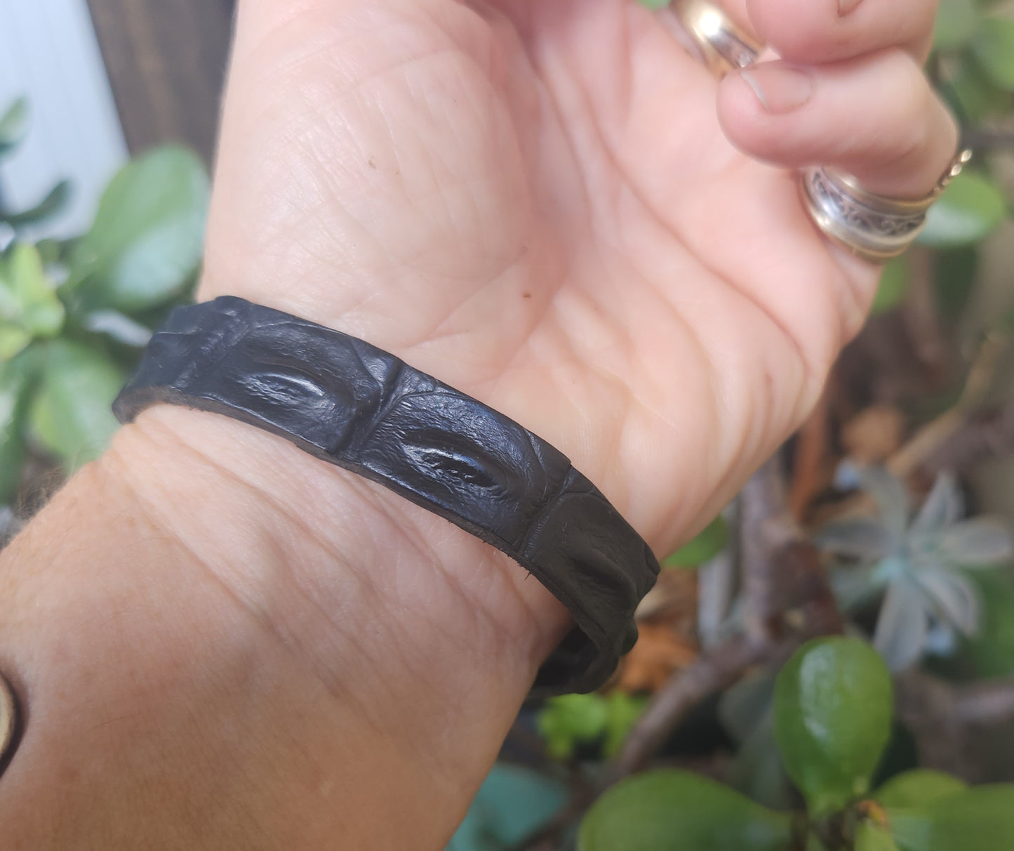 Silver flame bracelet,925 sterling silver,heavy chunky silver with crocodile leather band