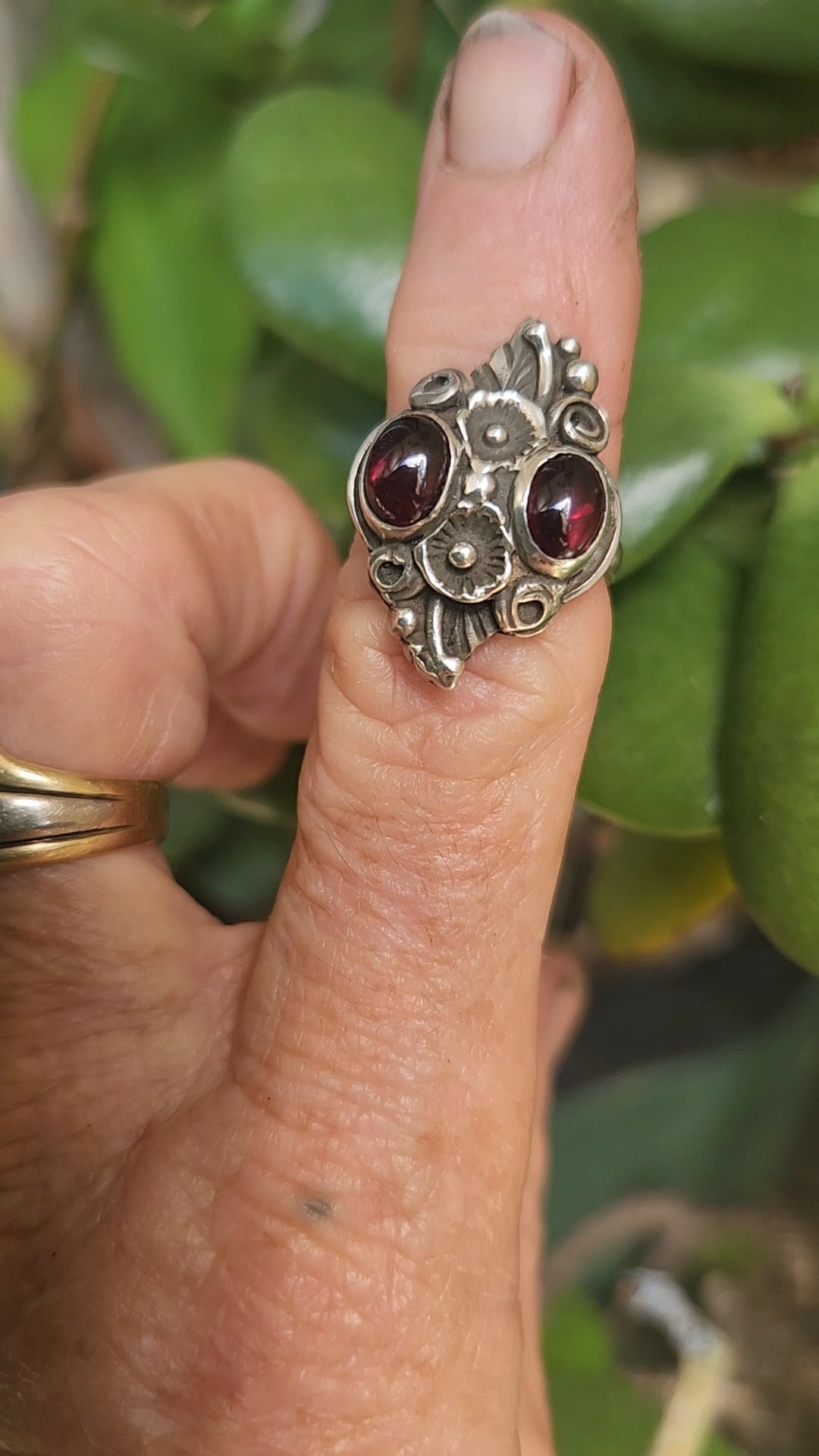 Garnet ring,leaf ring, sterling silver, flower,rockabilly,long ring,boho,gypsy,tribal
