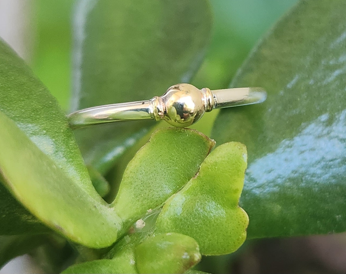 Two tone stacking ring,9k gold vintage bead on a sterling silver band,thin halo mixed metal stacker band