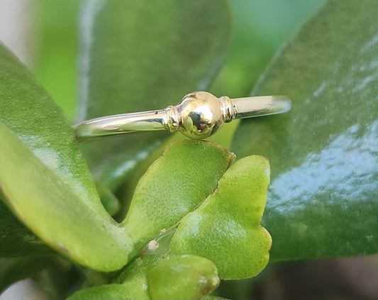 Two tone stacking ring,9k gold vintage bead on a sterling silver band,thin halo mixed metal stacker band