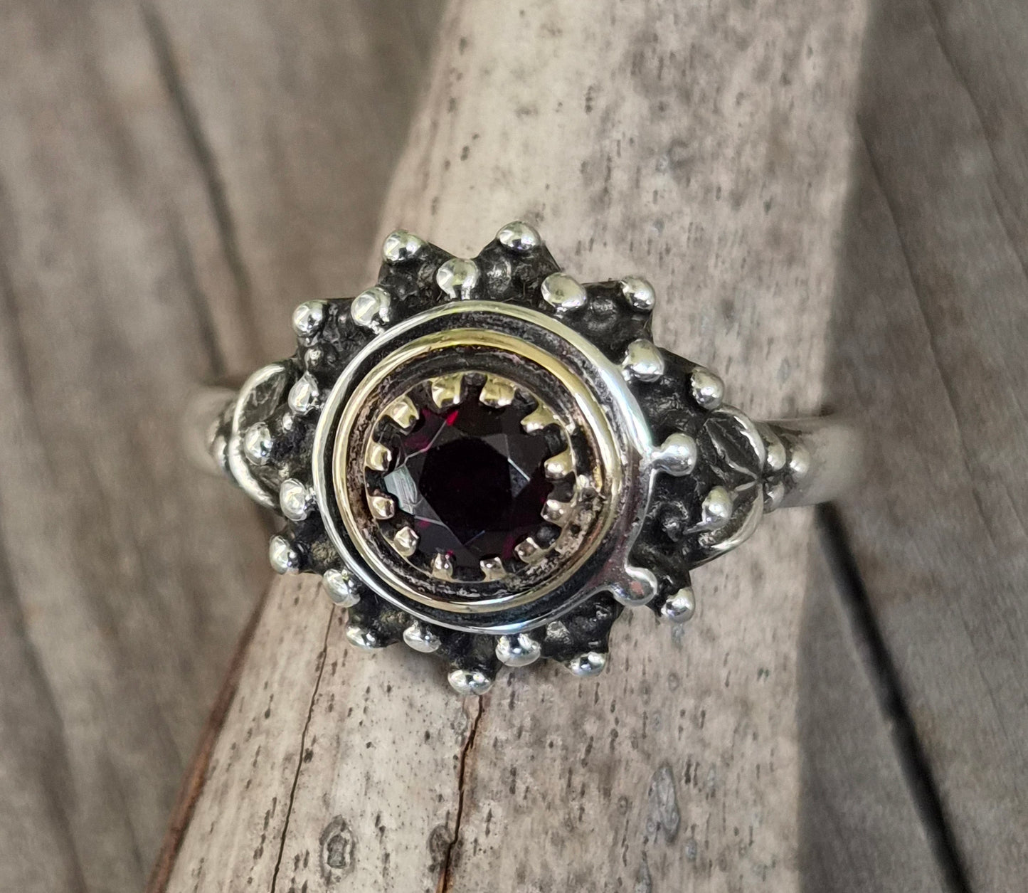 Two tone Garnet ring,9k and sterling silver, handmade mixed metal, goddess,boho,solitare,ball ring