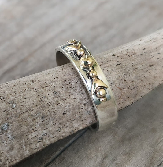 Mixed metal ring,9k gold ball top 925 sterling silver band, mixed metal.