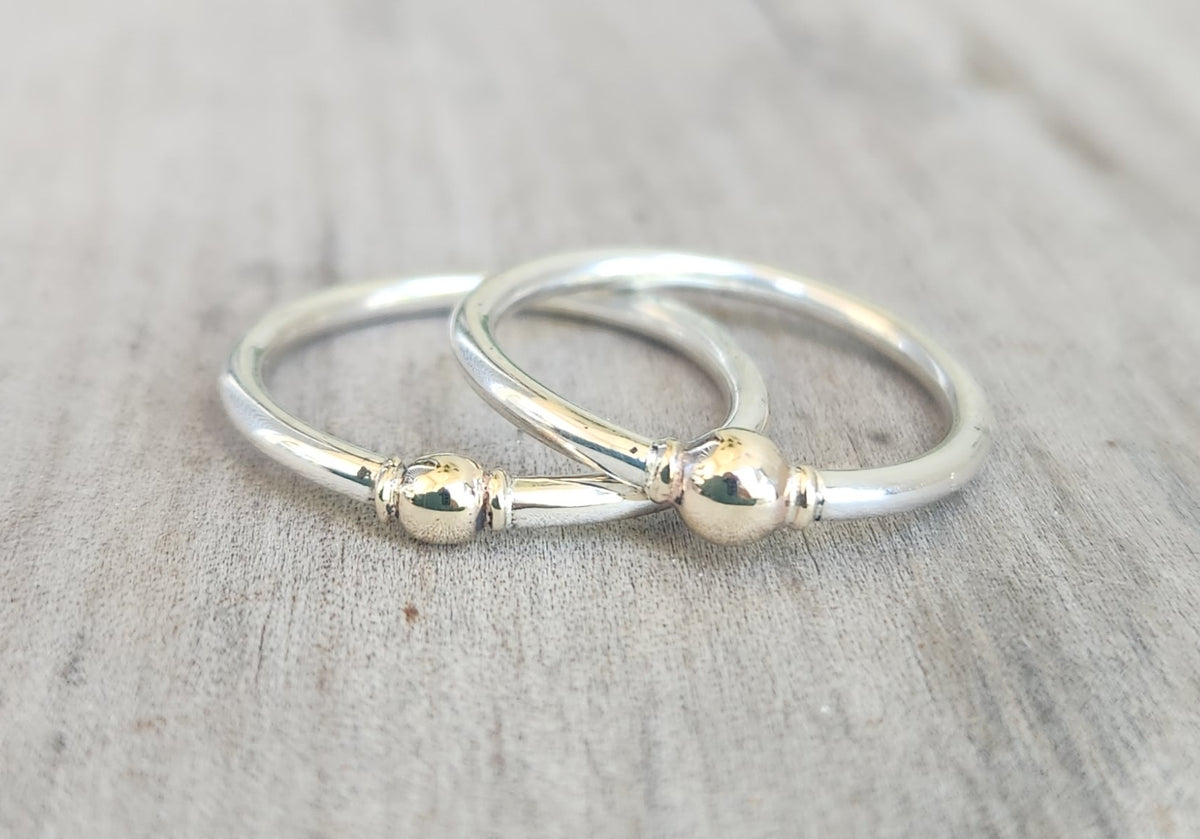 Two tone stacking ring,9k gold vintage bead on a sterling silver band,thin halo mixed metal stacker band