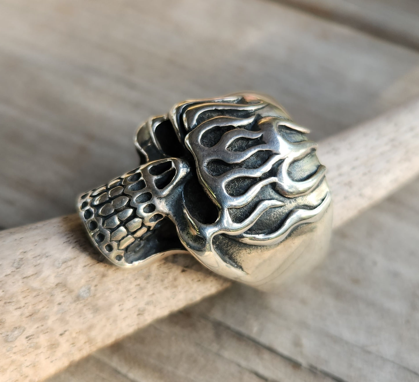 Skull flame ring,925 sterling silver,kustom kulture roth flame,muscle car, steampunk,gothic, punk,small skull ring,hipster