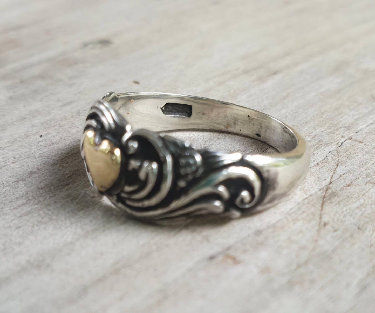 Two tone heart ring,9k Gold heart on 925 sterling silver band,handmade