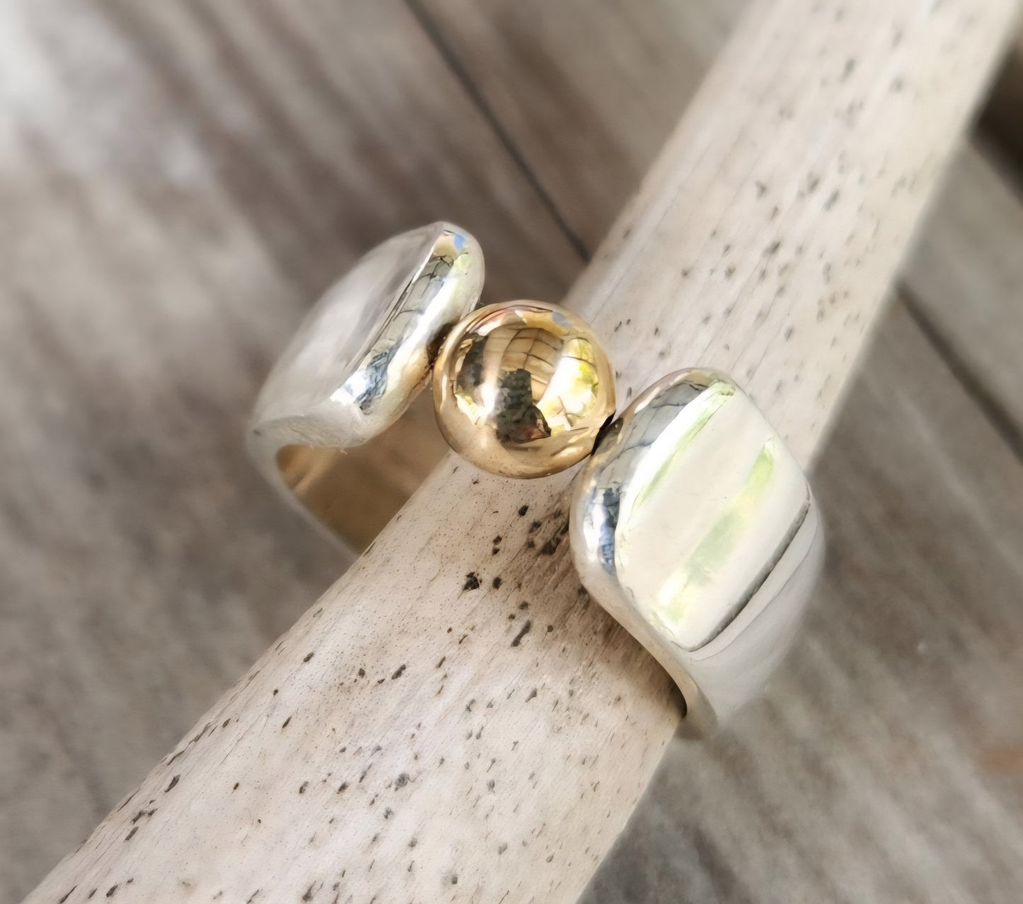 9k ball ring,925 sterling silver,two tone band,mixed metal band