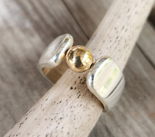 9k ball ring,925 sterling silver,two tone band,mixed metal band