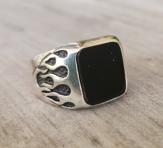 Square black top ring, flame ring,925 sterling silver,gothic,punk,men's fashion,