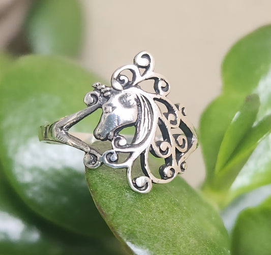 Unicorn ring,sterling silver,Scrolly haired,mythical horse,fantasy ring,new age, boho,hippy,art nouveau,magic,woodland,fairy tale