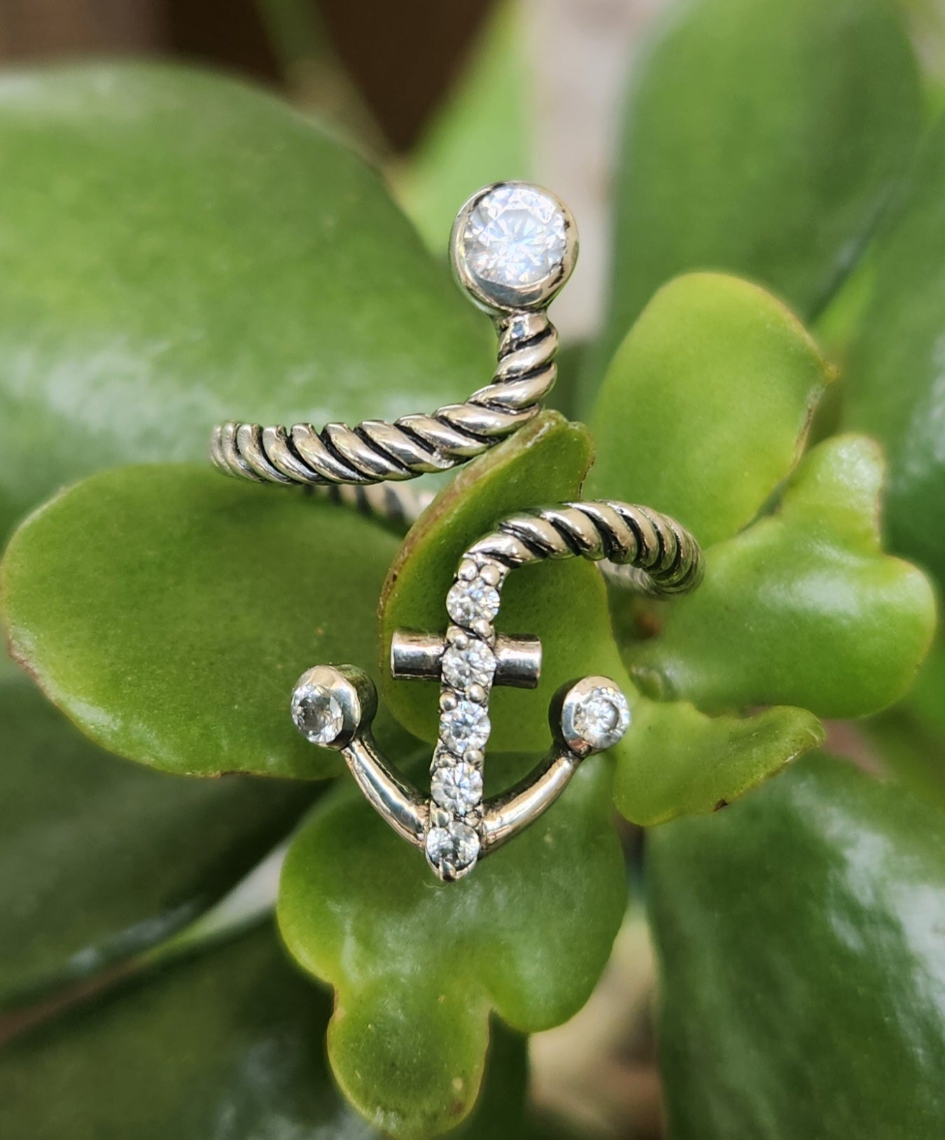 anchor ring,sterling silver,handmade,adjustable,cubic  zirconia,cz,nautical, sailor wedding, rockabilly,long silver ring