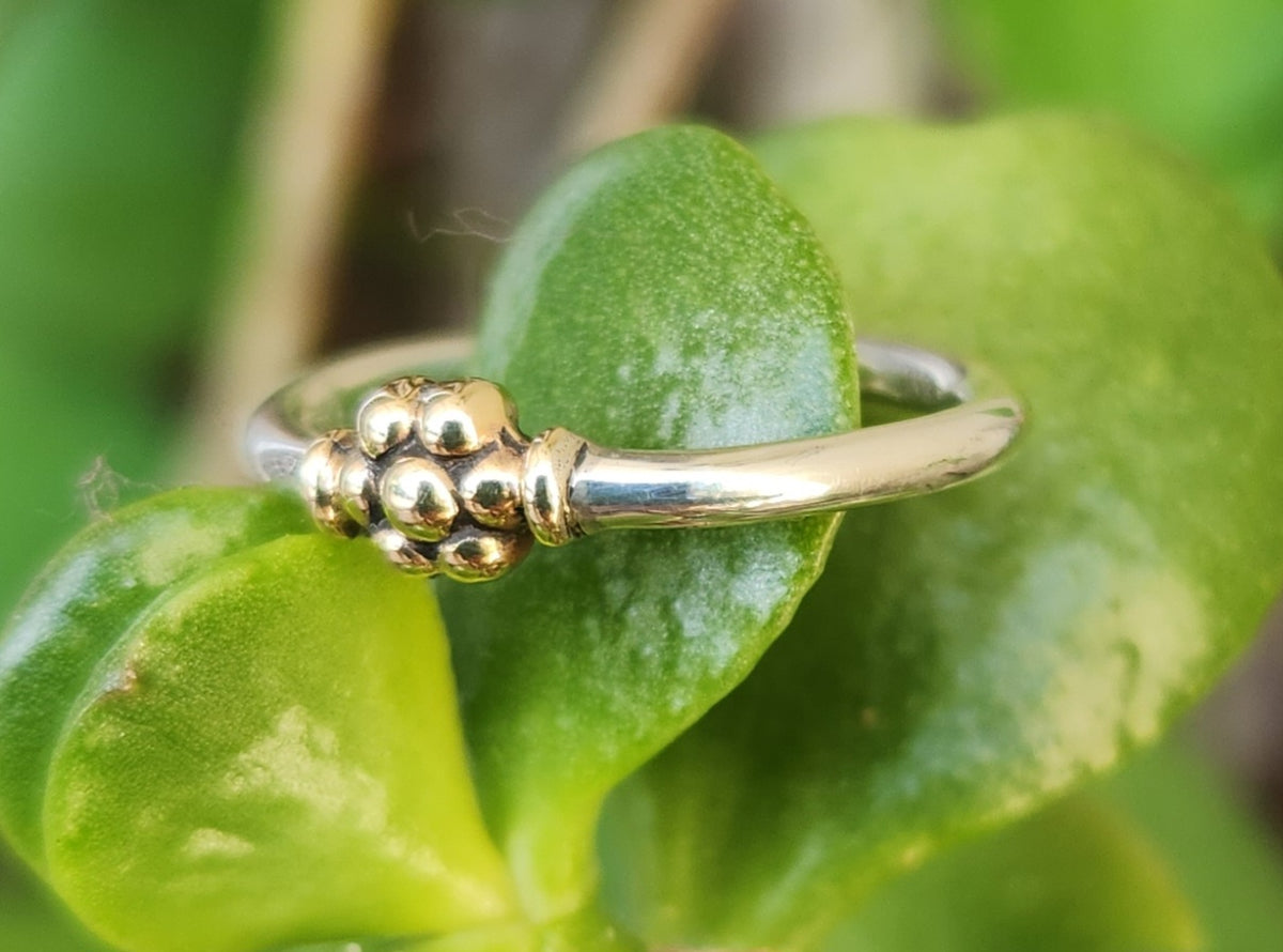 Two tone stacking ring,solid 9k gold bead and sterling silver,thin flower ring,