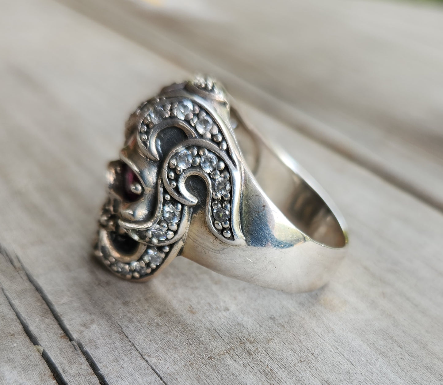 Skull ring,925 sterling silver bling,cubic zirconia,rockabilly,handmade,mens fashion,chunky ring,pirate