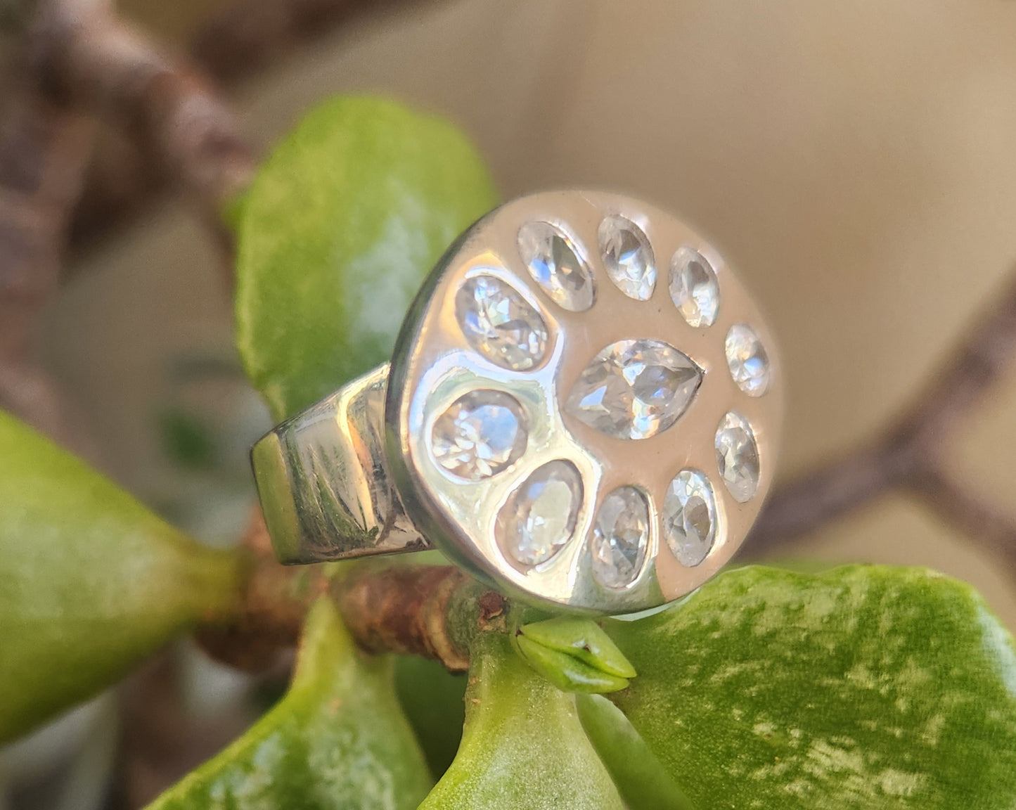 Large cz ring,925 sterling,multi stone,eye shaped cubic zirconia