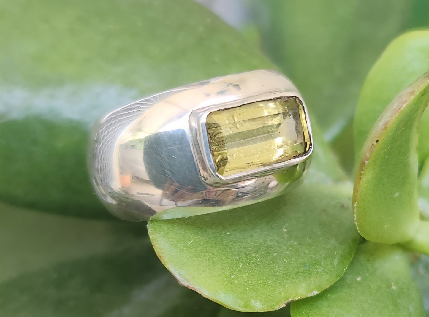 Wide silver ring,925 sterling silver,yellow beryl rectangle gemstone. handmade,new age