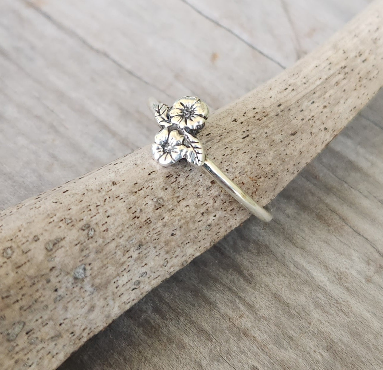 Two tone stacking ring,solid 9k gold flower on sterling silver band,mixed metal flower ring,