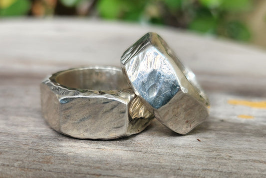 Hexagonal hammered ring,10mm,solid sterling silver,17gms,heavy handmade,unisex rustic wedding ring band,industrial,