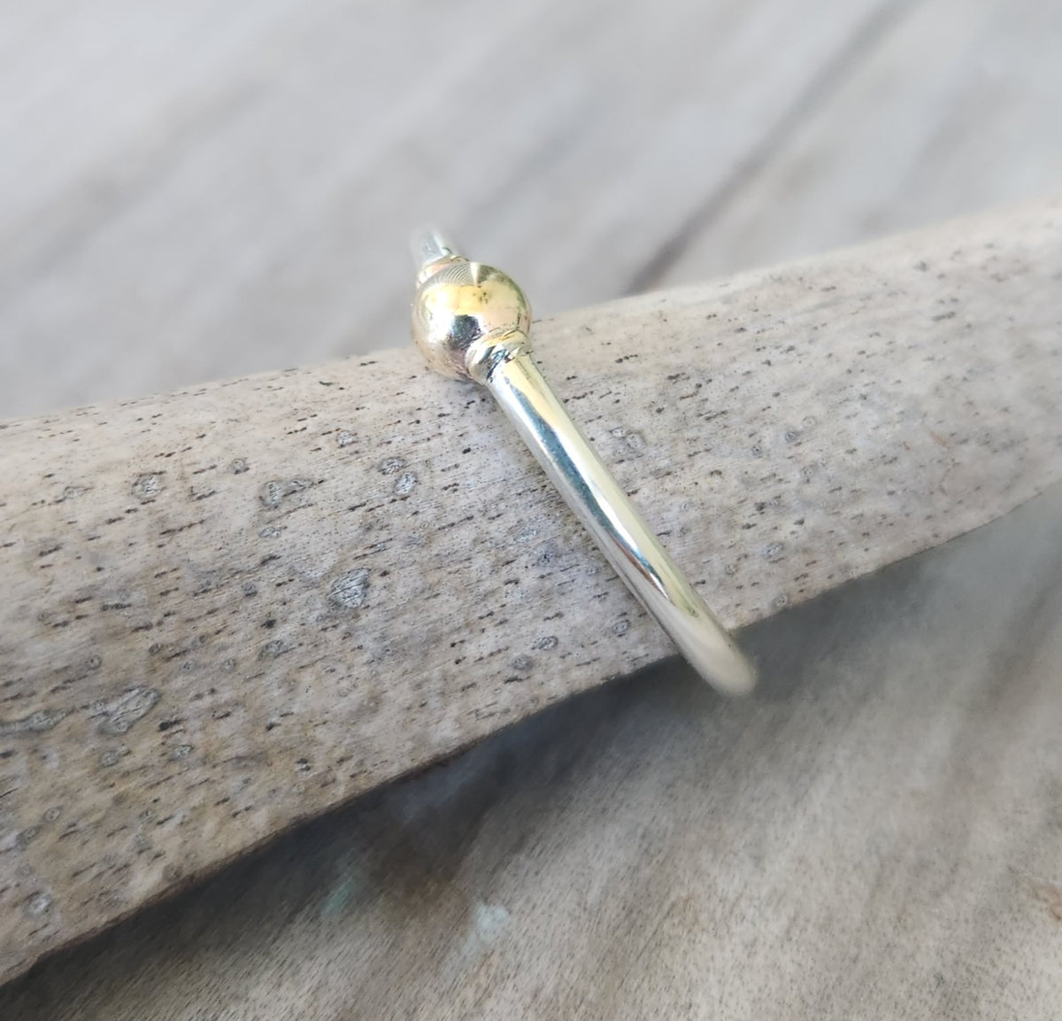 Two tone stacking ring,9k gold vintage bead on a sterling silver band,thin halo mixed metal stacker band