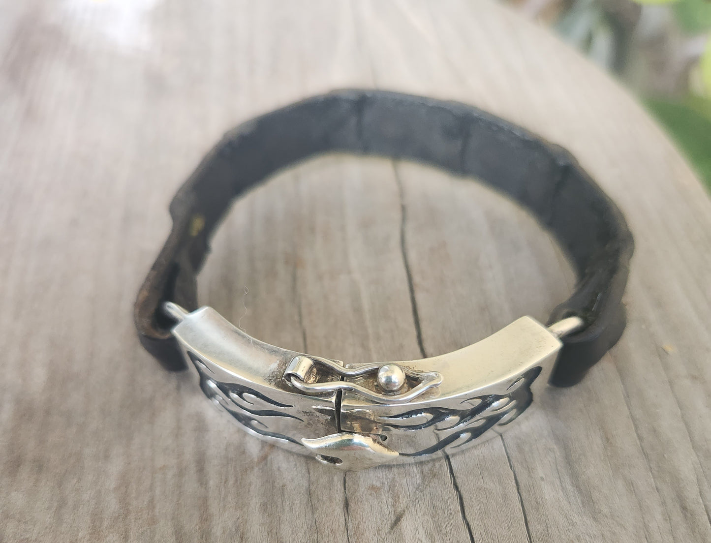 Silver flame bracelet,925 sterling silver,heavy chunky silver with crocodile leather band