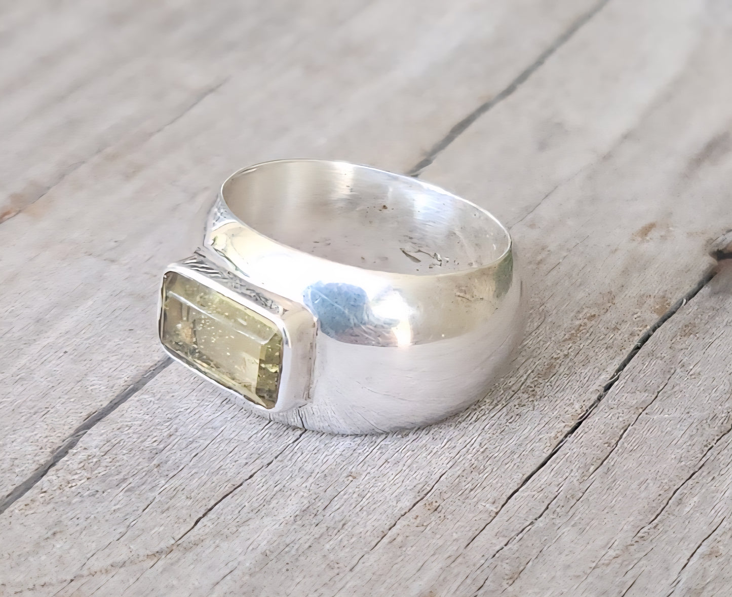 Wide silver ring,925 sterling silver,yellow beryl rectangle gemstone. handmade,new age