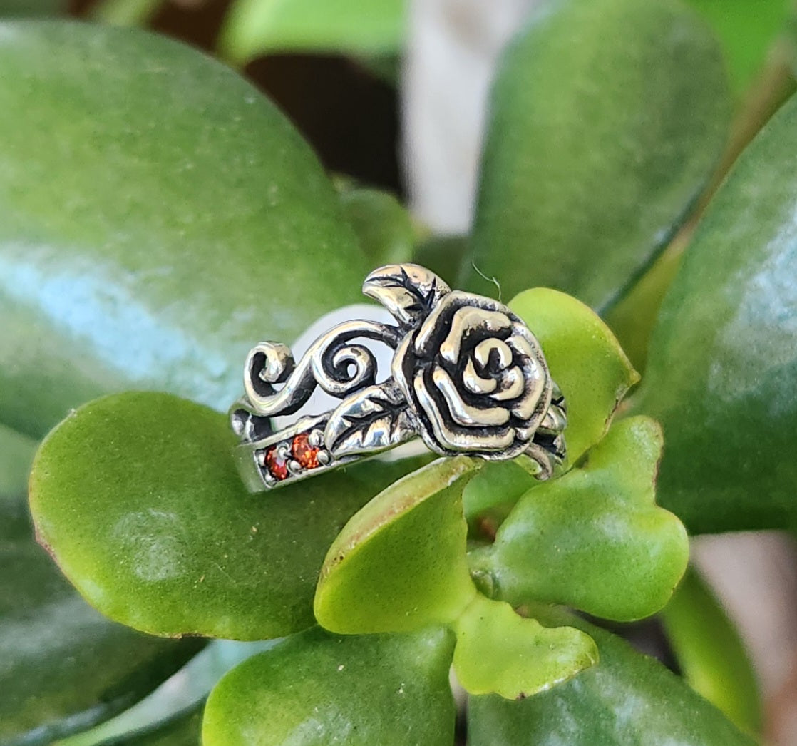 rose garnet ring,sterling silver, flower boho, steampunk,gothic,art nouveau ,victorian,vintage,handmade,gypsy,goddess,women fashion