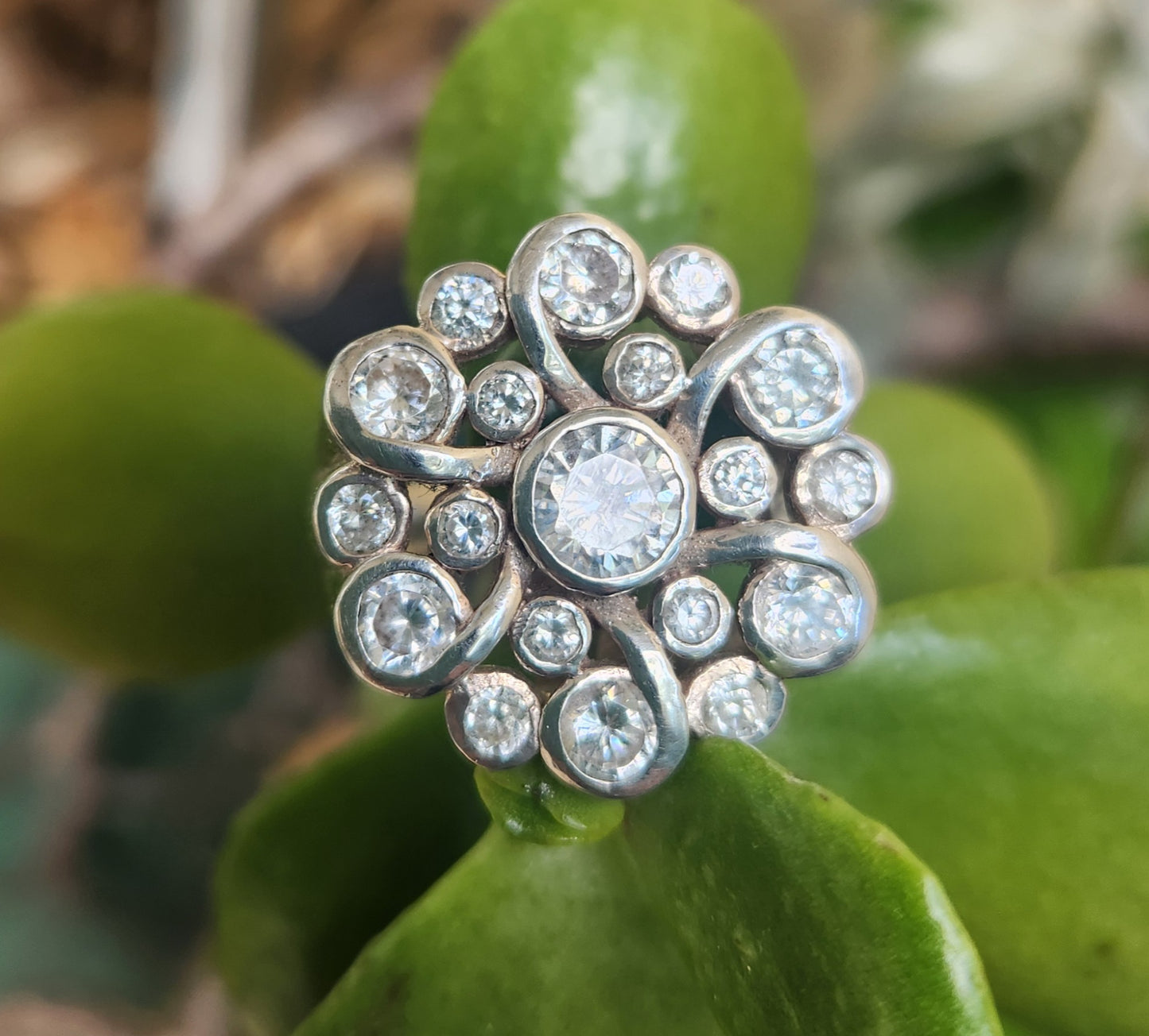 Large cz flower cluster ring,925 sterling,multi stone,cubic zircon ring