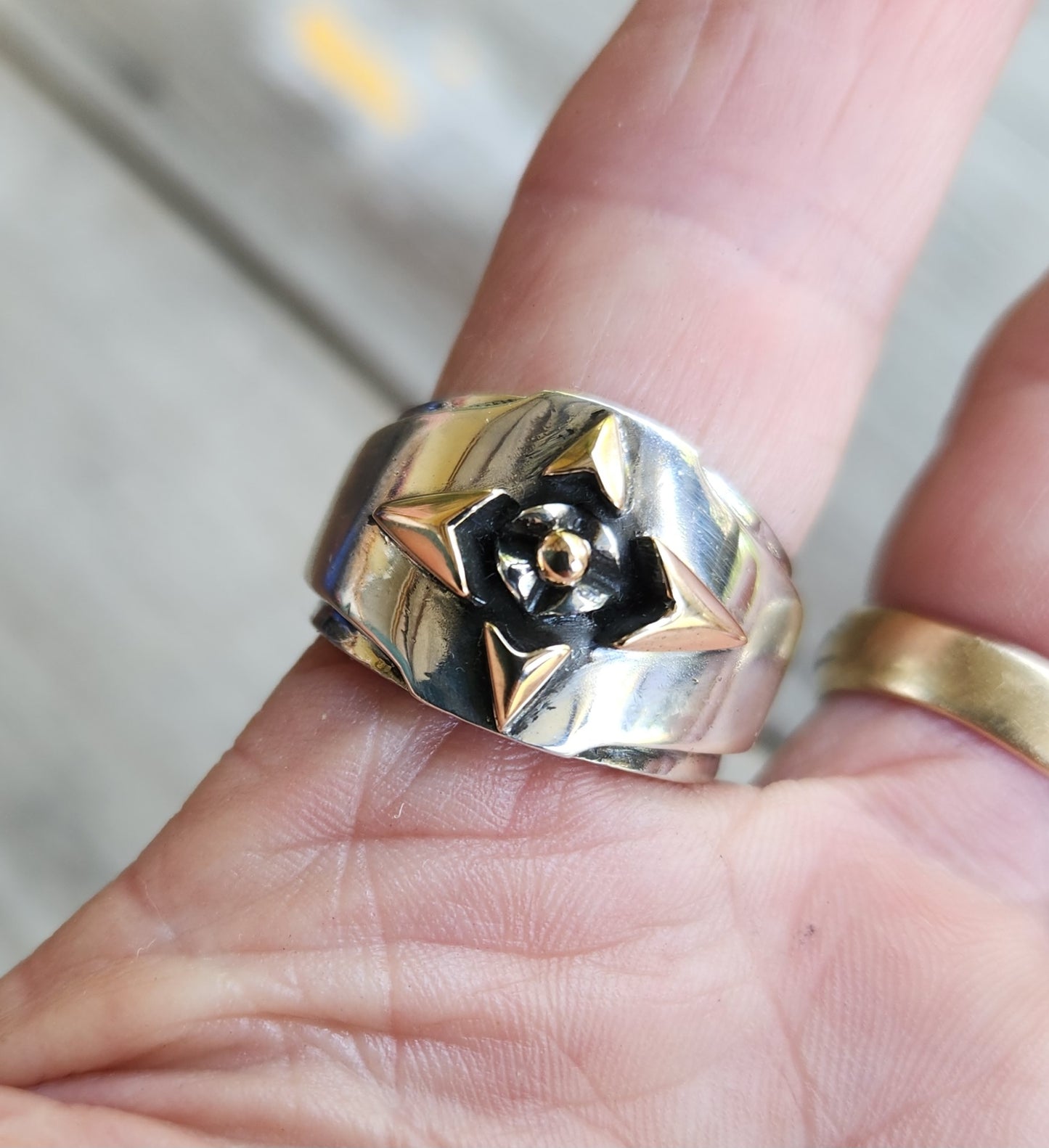 Gold and silver tribal band,9k gold and sterling silver ring,ornate mixed metal solid mans ring modern,mixed metal, two tone dress ring,celtic tribal wedding band