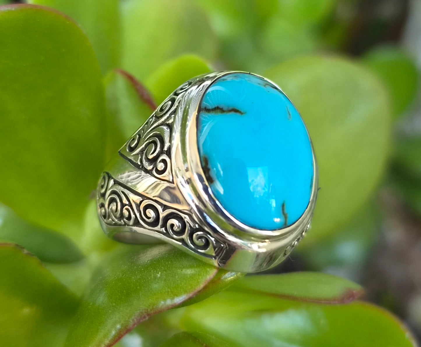 Turquoise ring,large mans ring,925 sterling silver,wedding dress scroll,maori koru,pattern
