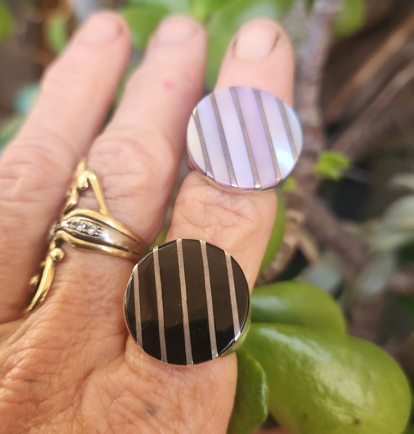 Large round inlay ring,925 sterling silver,black acrylic mosaic