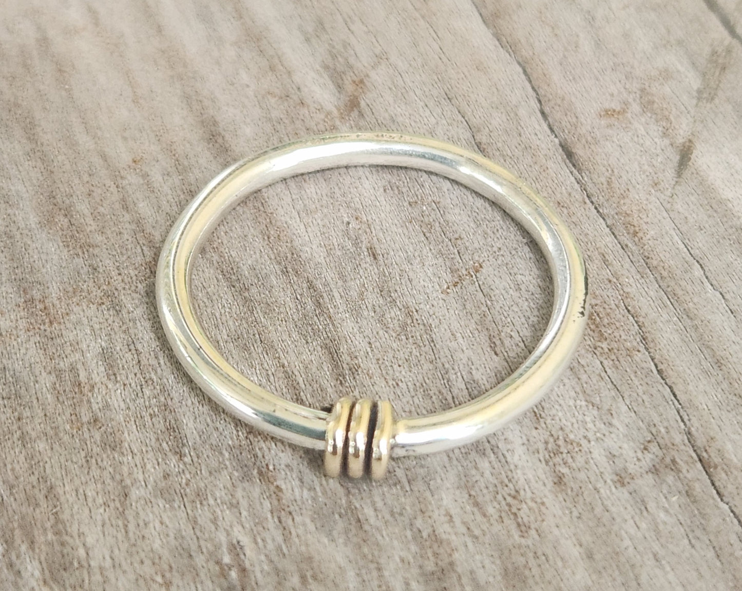 Two tone coil ring,solid 9ct/9k gold and sterling silver,2mm band,solid gold wire wrap