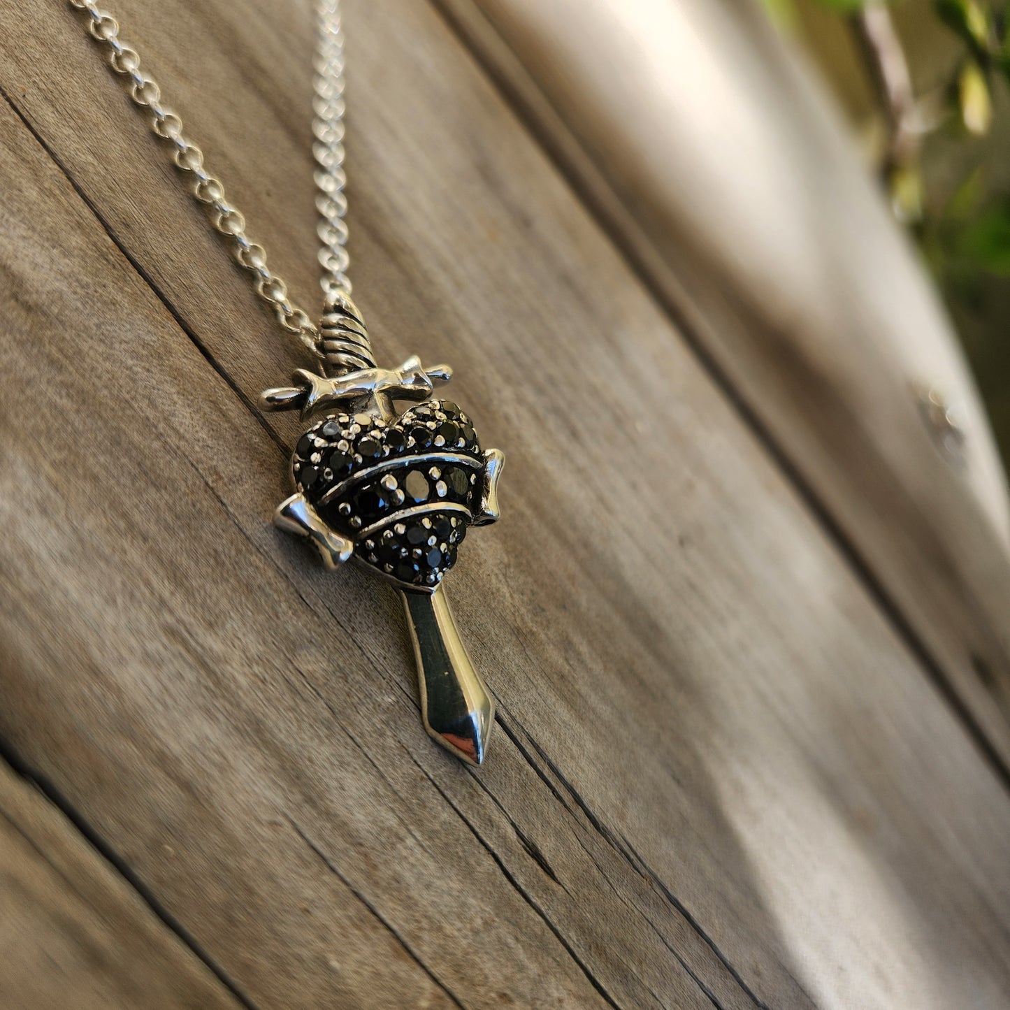 Heart sword pendant, 925 sterling silver,black cz heart,cubic zirconia dagger pendant