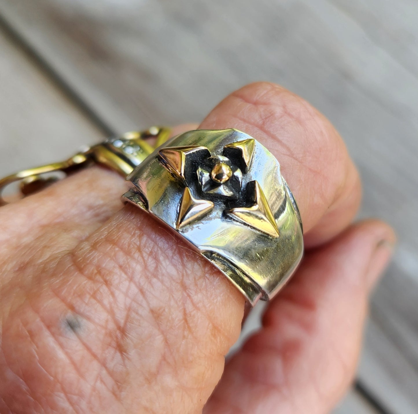 Gold and silver tribal band,9k gold and sterling silver ring,ornate mixed metal solid mans ring modern,mixed metal, two tone dress ring,celtic tribal wedding band
