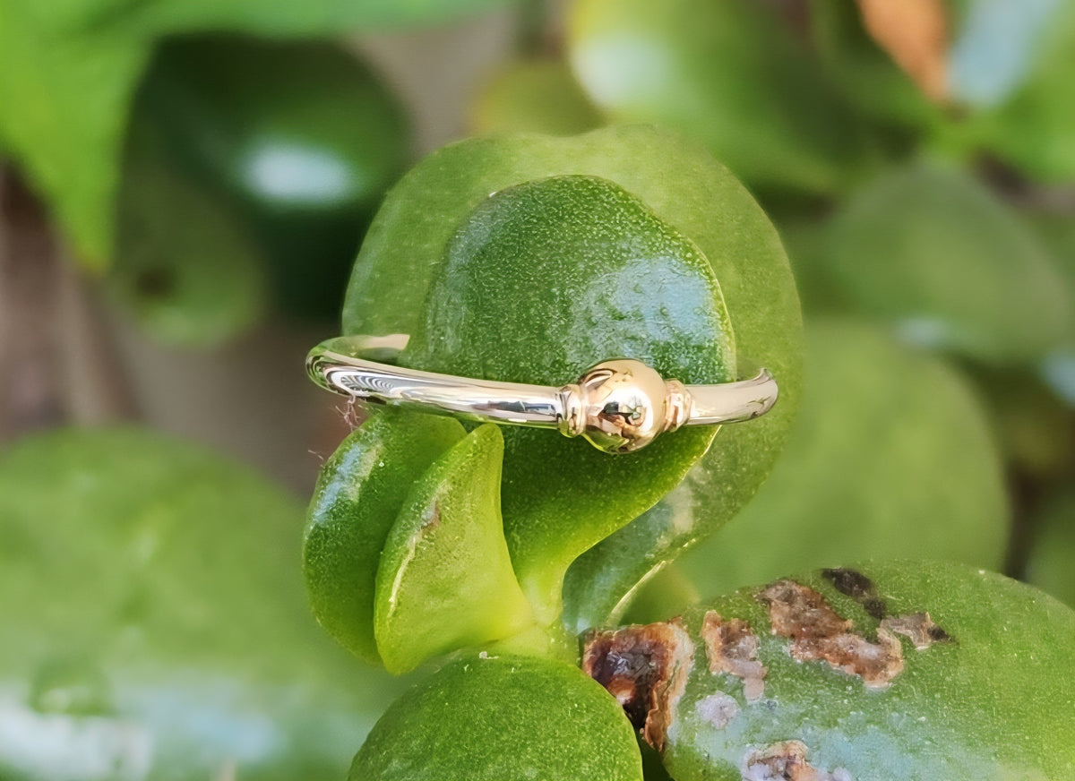 Two tone stacking ring,9k gold vintage bead on a sterling silver band,thin halo mixed metal stacker band