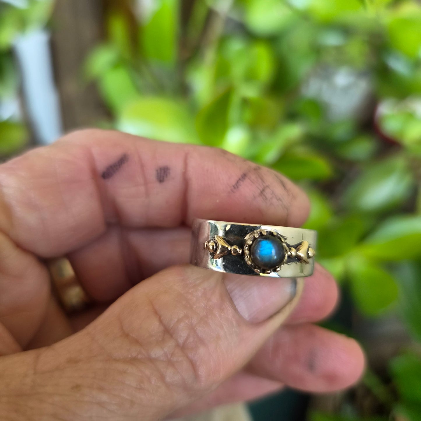 Mixed metal ring,9k gold ball top 925 sterling silver band,gemstone,two tone band