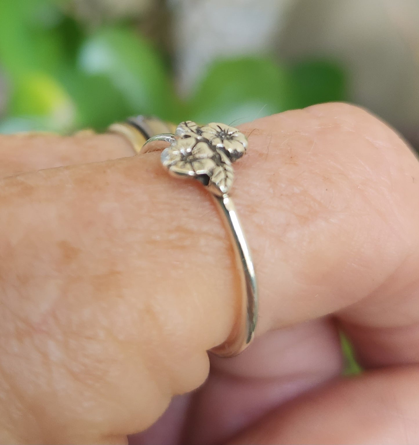Two tone stacking ring,solid 9k gold flower on sterling silver band,mixed metal flower ring,
