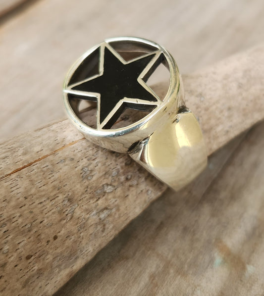 Large star ring,Sterling silver,black enamel star,chunky ring,caltex star,five pointed star,chunky ring,unisex,boho,hipster