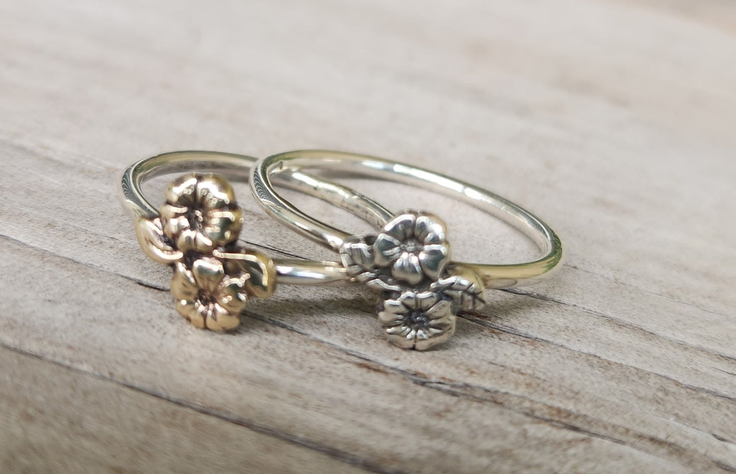 Two tone stacking ring,solid 9k gold flower on sterling silver band,mixed metal flower ring,