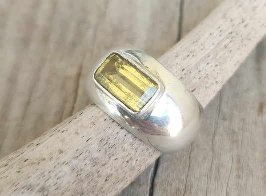 Wide silver ring,925 sterling silver,yellow beryl rectangle gemstone. handmade,new age